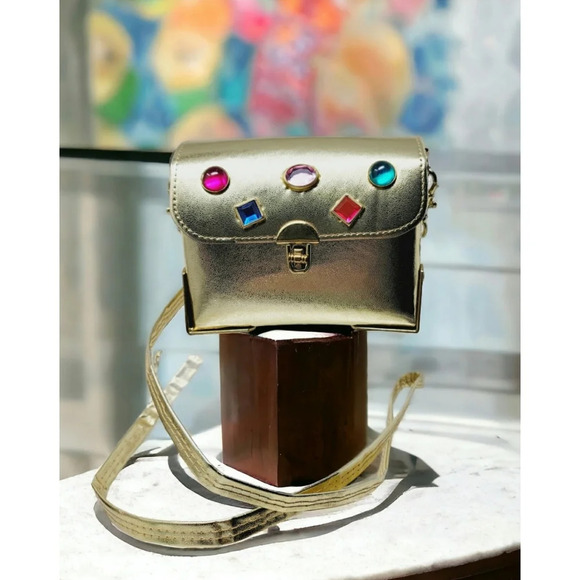 Gold Metallic Bejeweled Mini Box Crossbody Bag - Picture 1 of 10